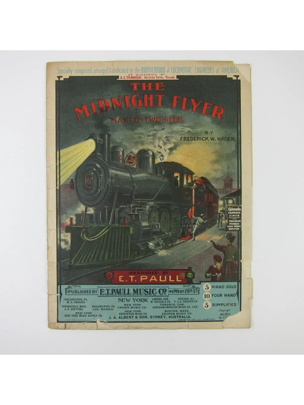Sheet Music The Midnight Flyer March Two Step Frederick W. Hager Antique 1903